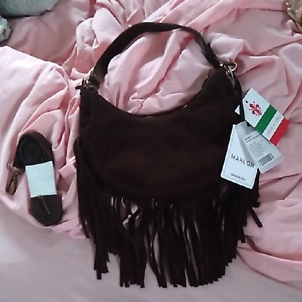 Dark Brown Suede Fringe Hobo Bag